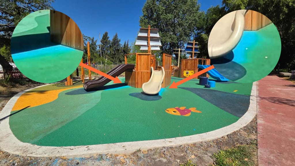 A blue sulphur-cured EPDM surface turned permanently green within six hours of sunlight, with insets showing the original blue