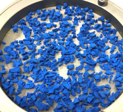 Rosehill TPV RH20 Standard Blue test plaque after a 9,600 kJ EN 14836 UV dose &mdash; colour effectively unchanged, greyscale 5